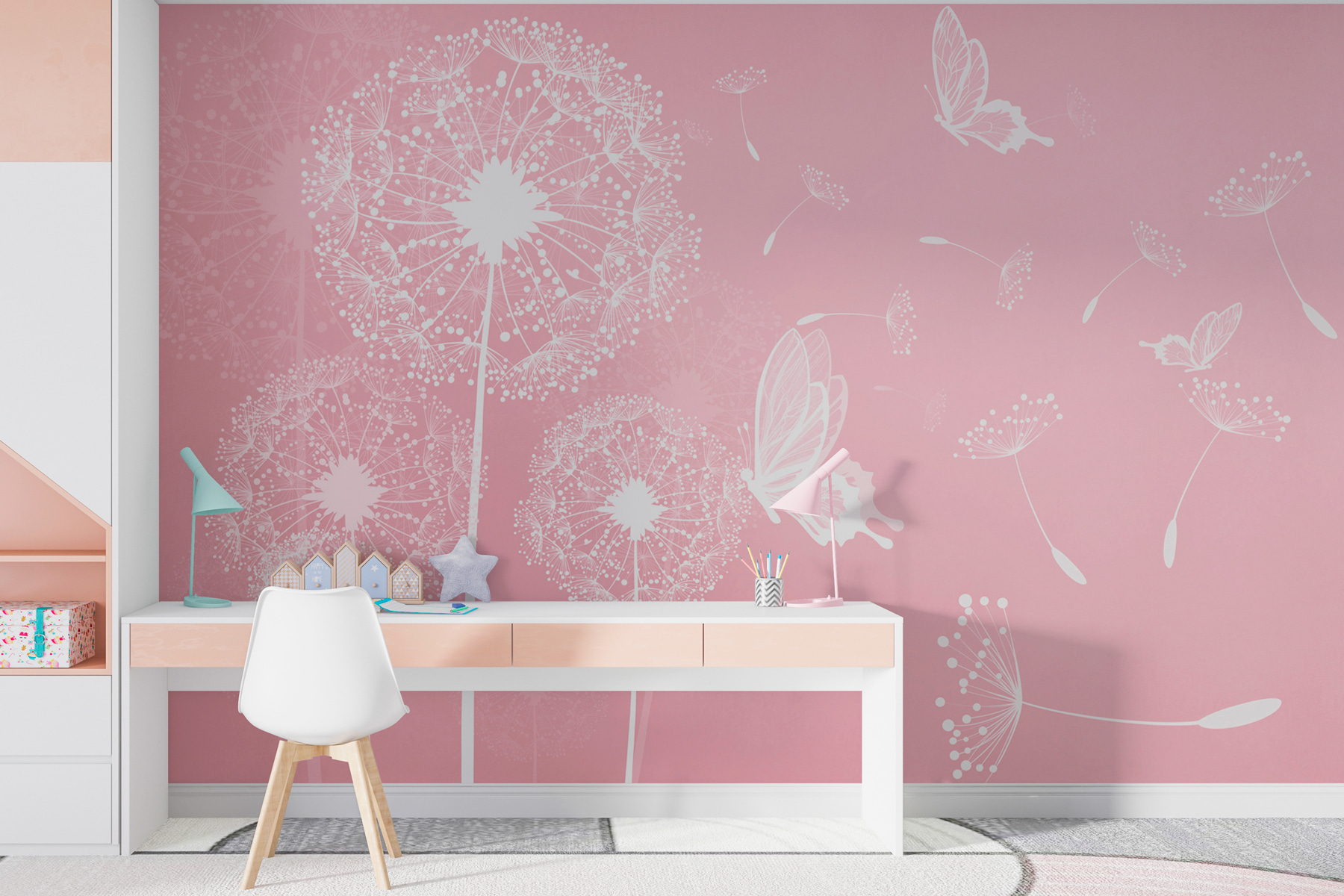 A pink background with white dandelions and butterflies