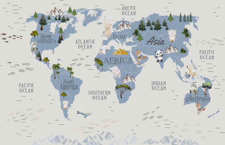 Mapa sveta so zvieratami a vtákmi