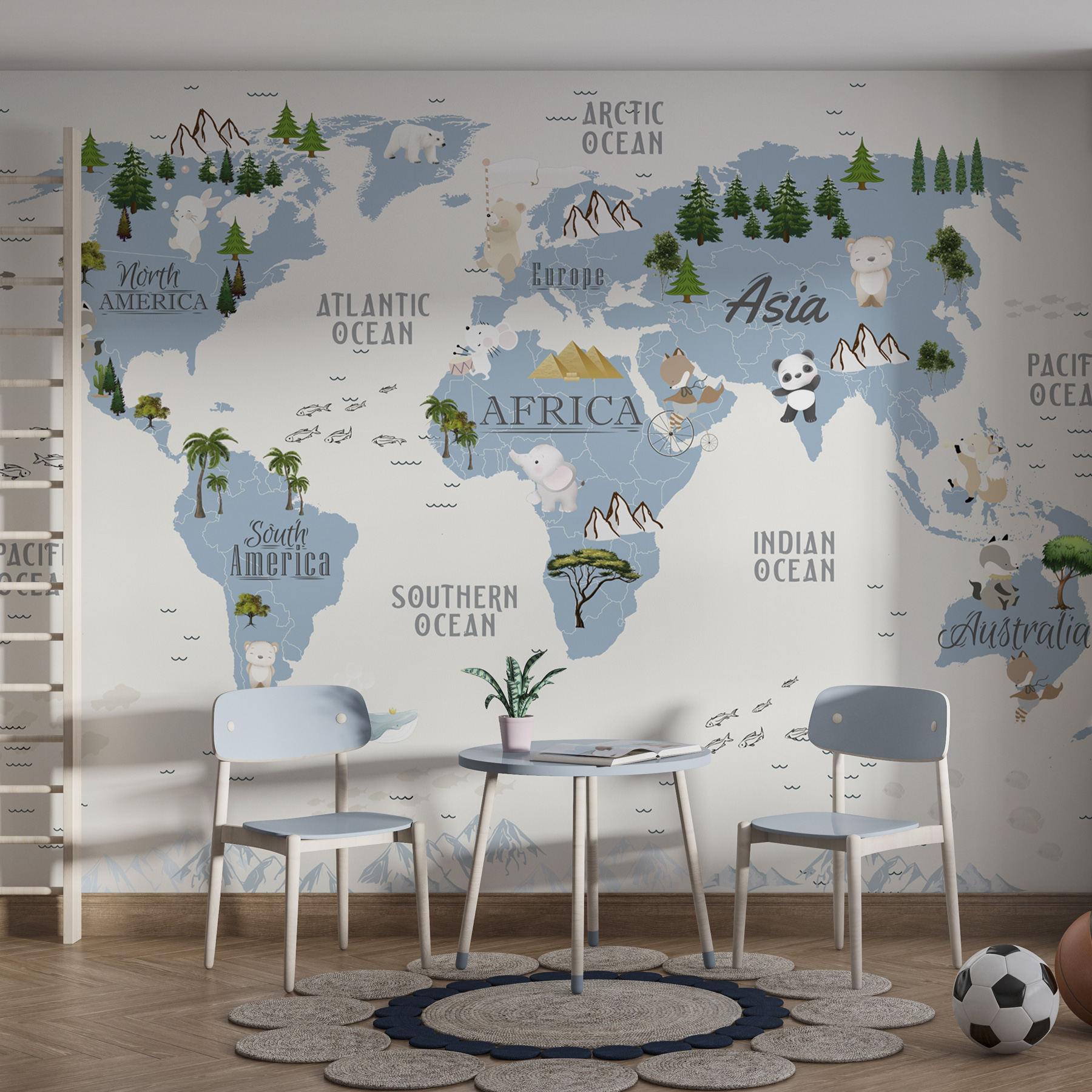 A map of the world with animals and birds A map of the world with animals and birds