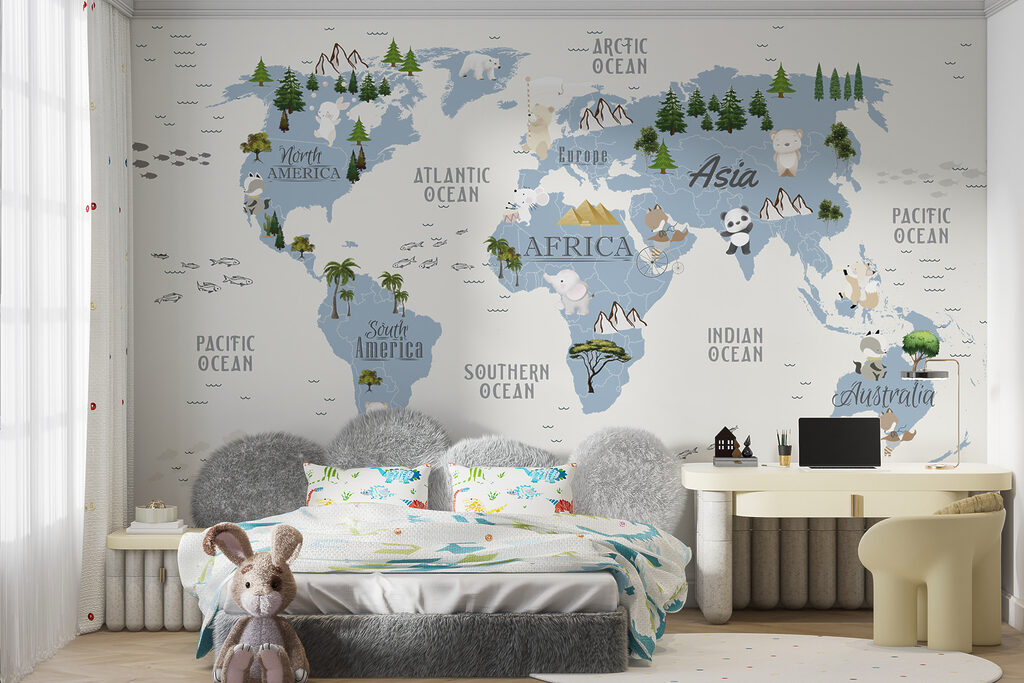 A map of the world with animals and birds A map of the world with animals and birds