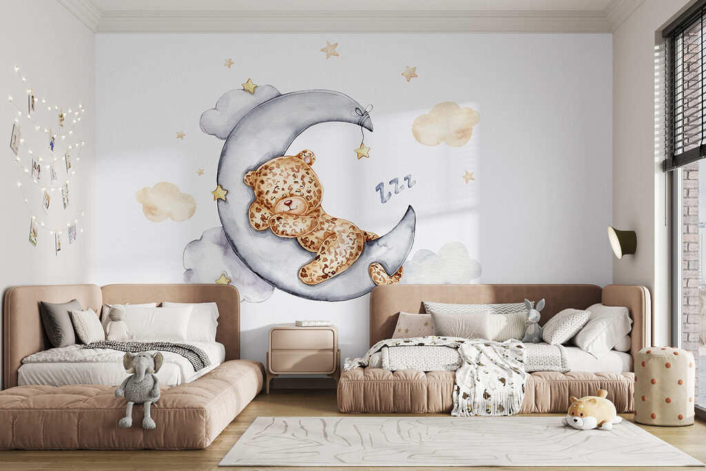 A teddy bear sleeping on the moon