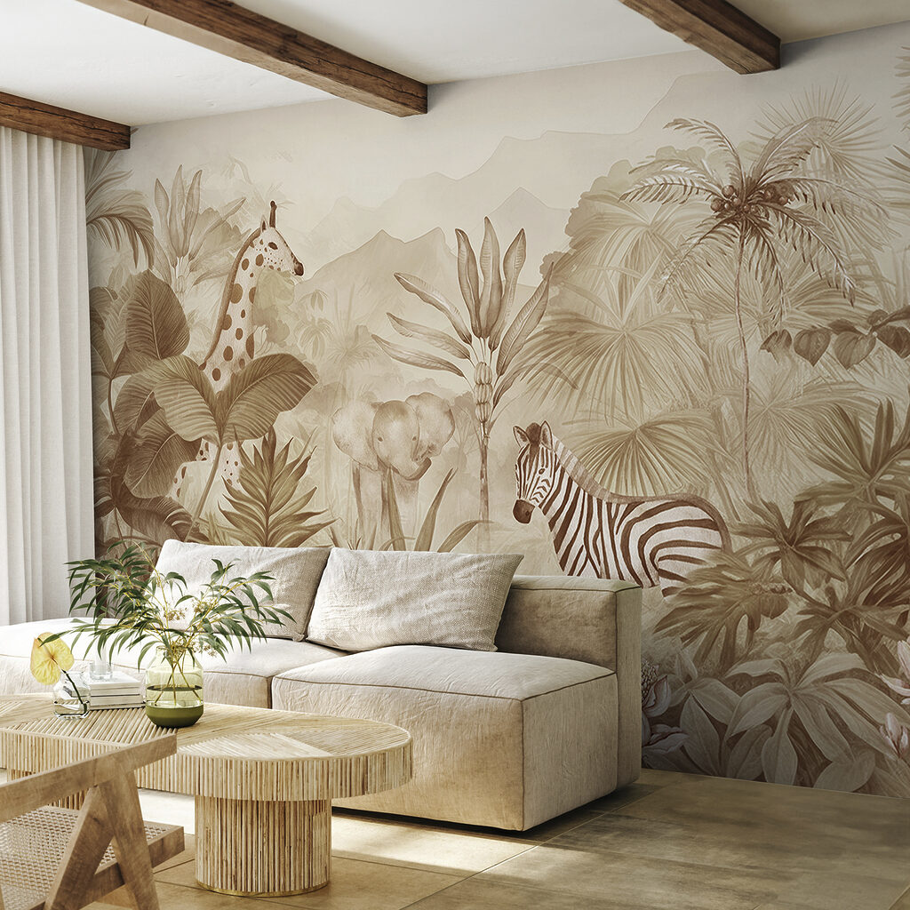 A wallpaper with zebras and elephants in a jungle