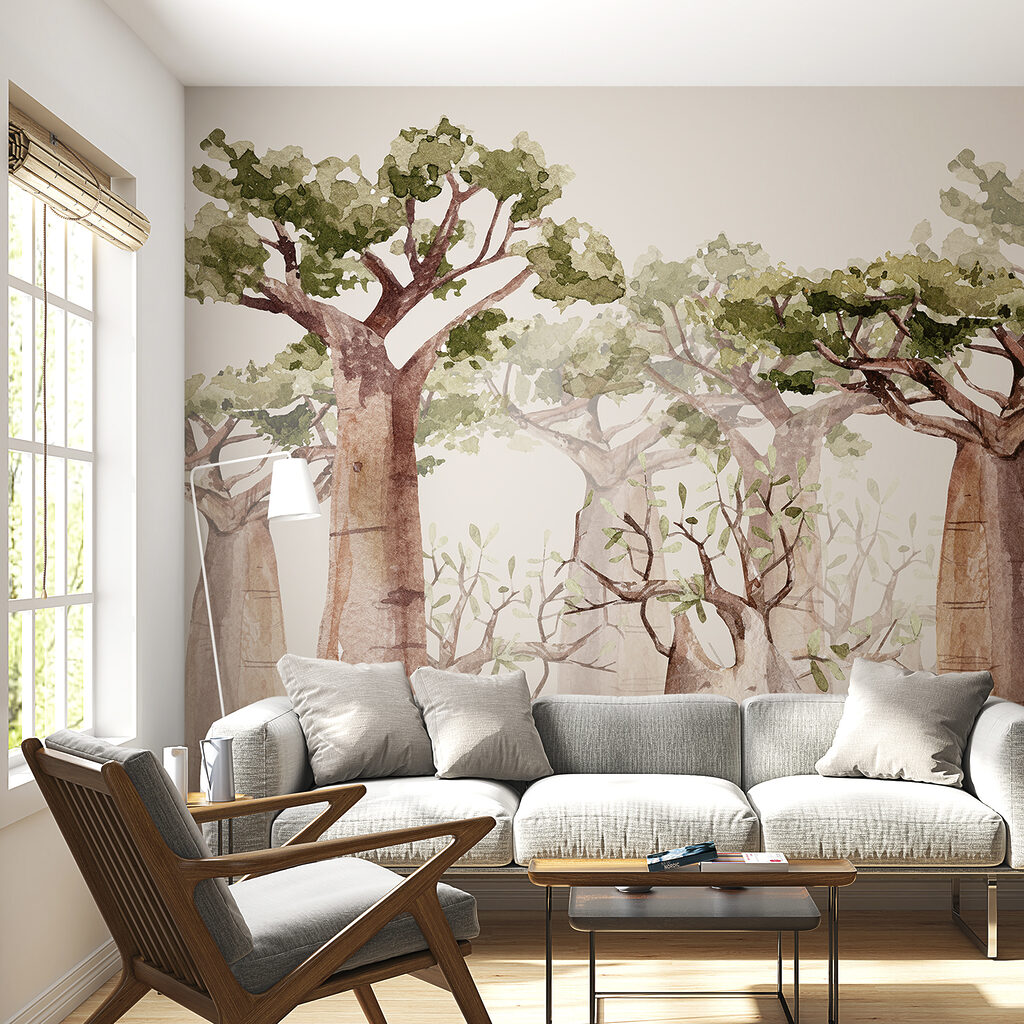 A group of trees with green leaves