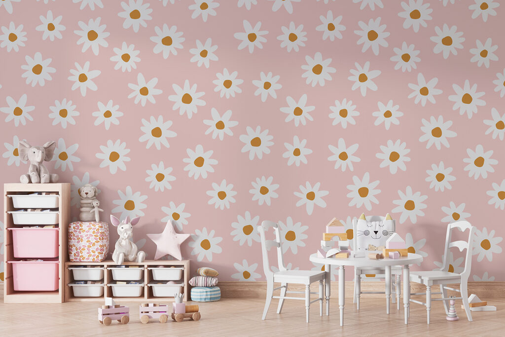 A pattern of white flowers on a pink background