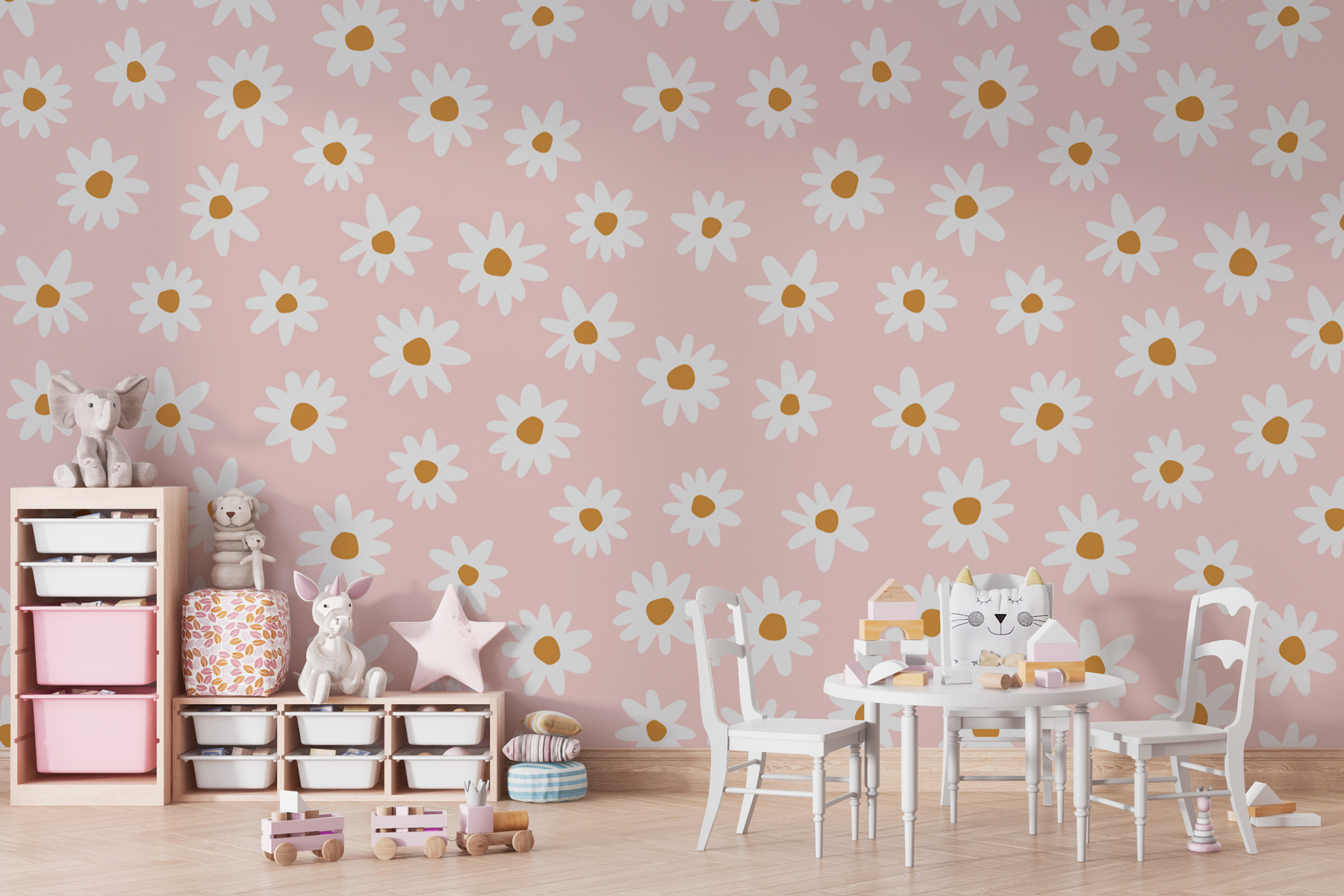 A pattern of white flowers on a pink background