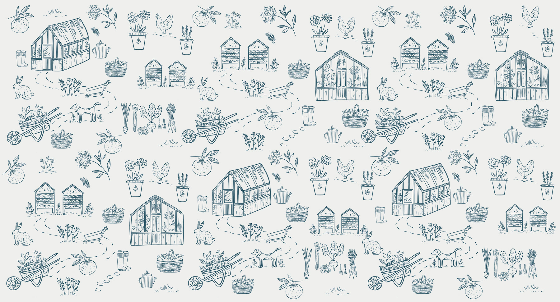 A pattern of gardening tools and plants