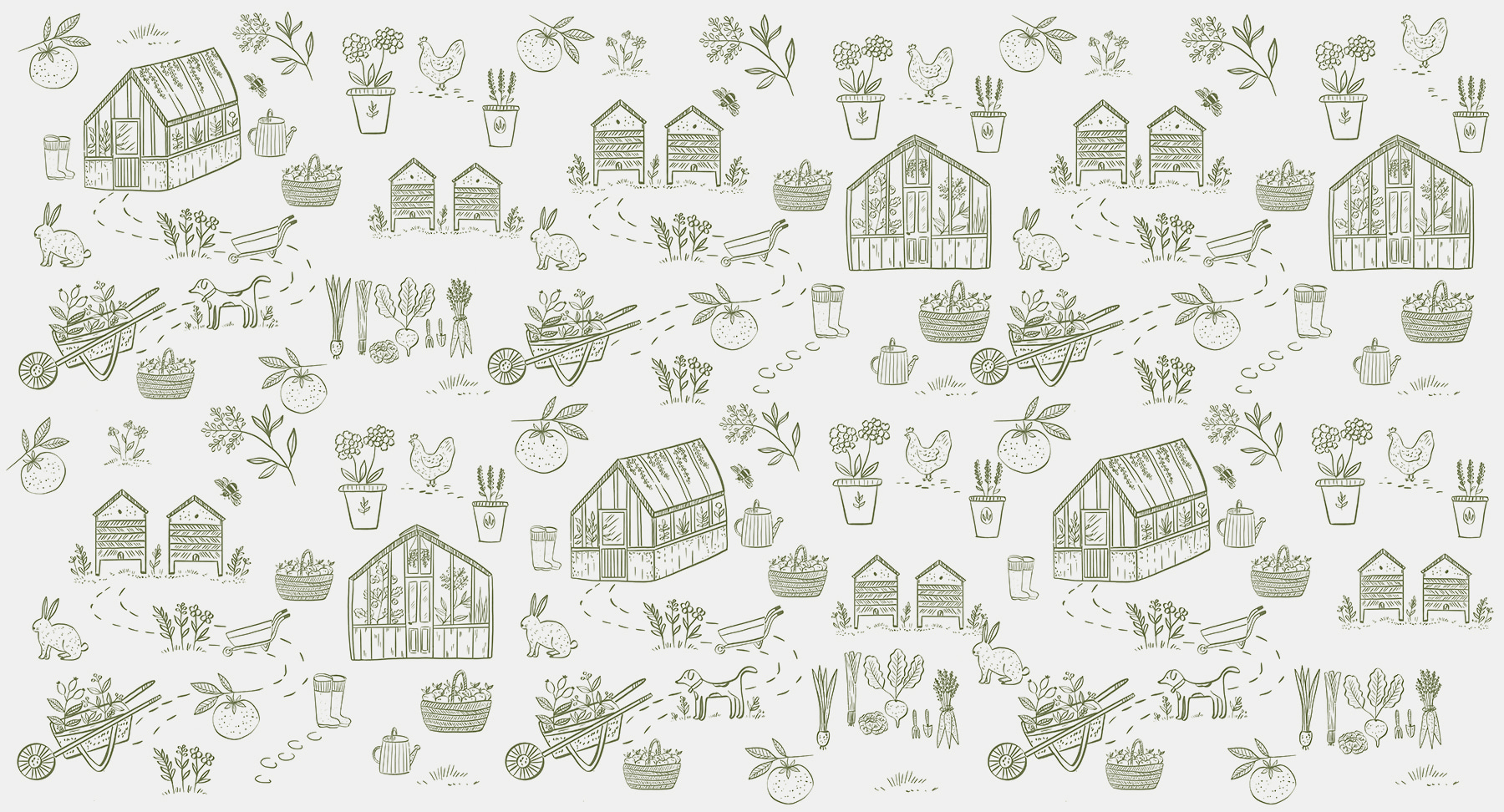 A pattern of gardening tools and plants