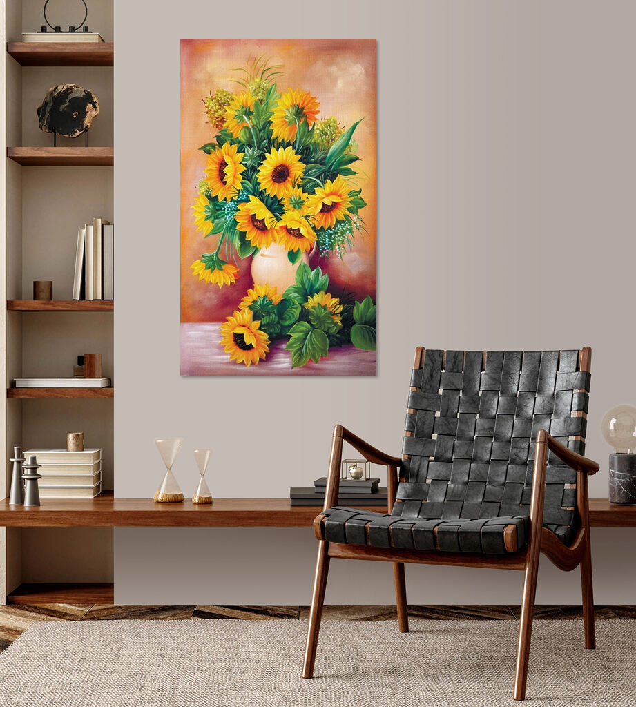 A painting of sunflowers in a vase A painting of sunflowers in a vase