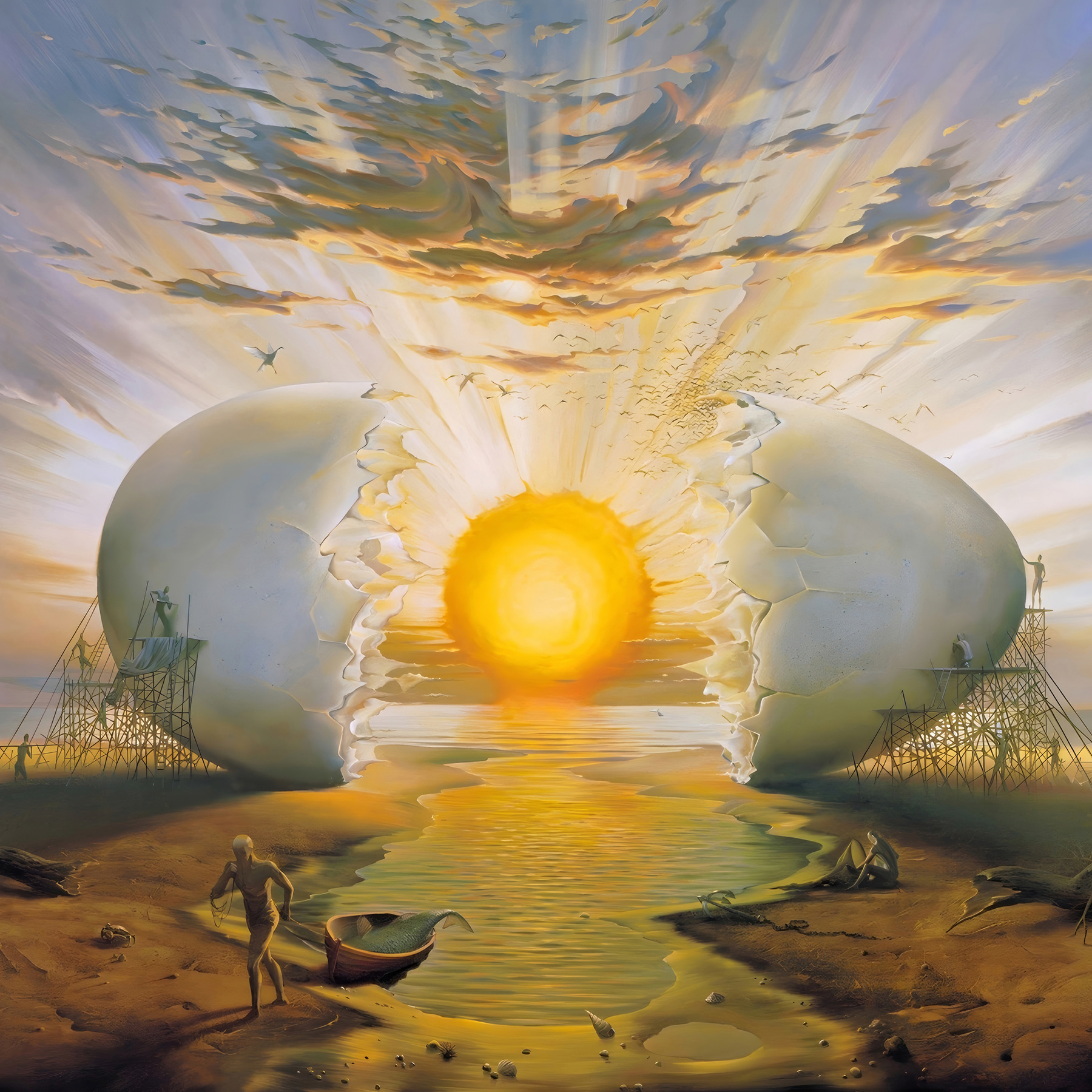 A man standing on a beach with a broken egg