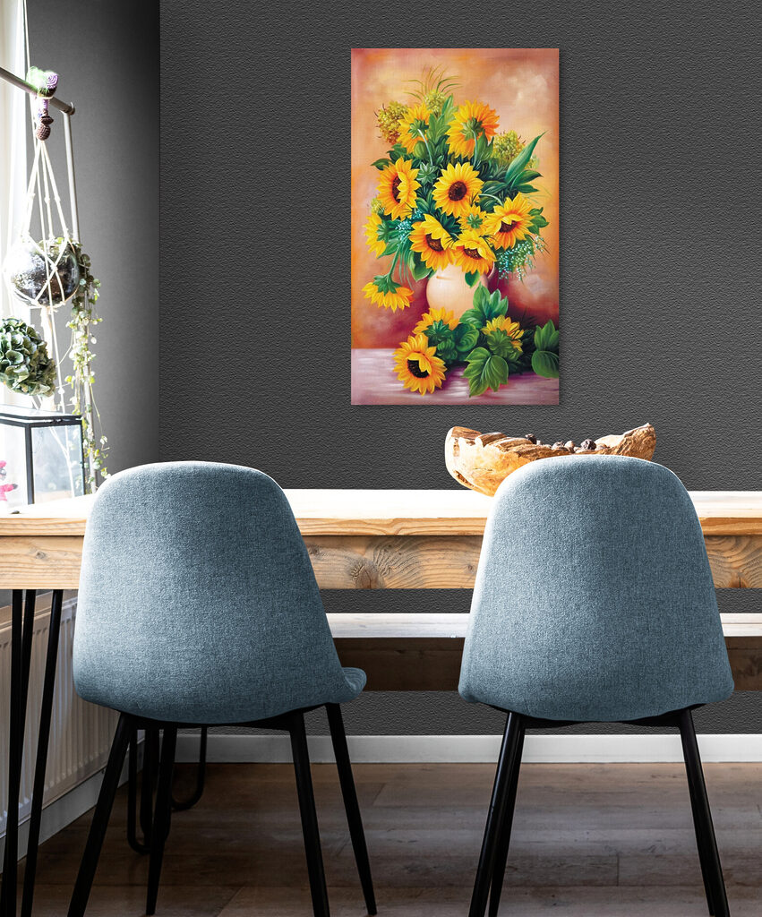 A painting of sunflowers in a vase A painting of sunflowers in a vase