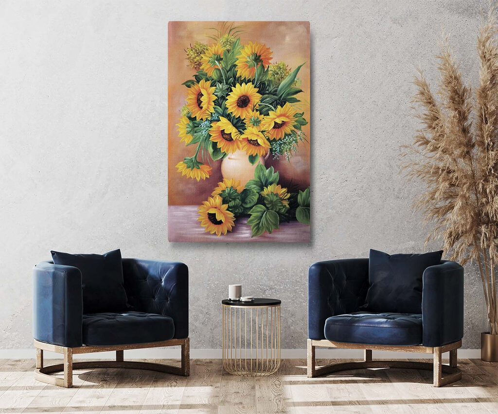 A painting of sunflowers in a vase A painting of sunflowers in a vase