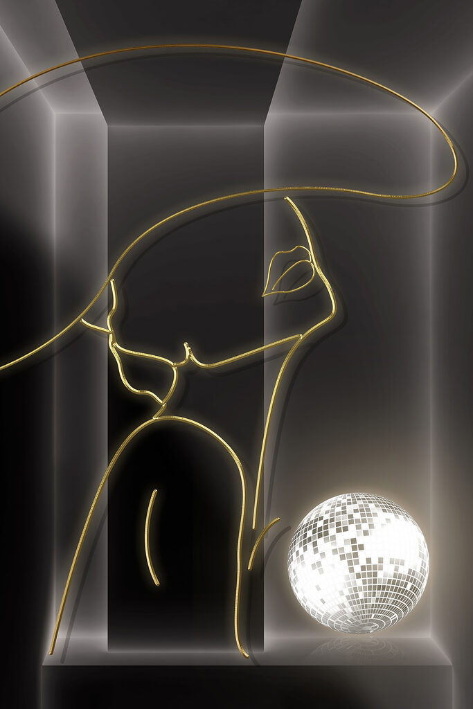 A drawing of a woman with a disco ball A drawing of a woman with a disco ball