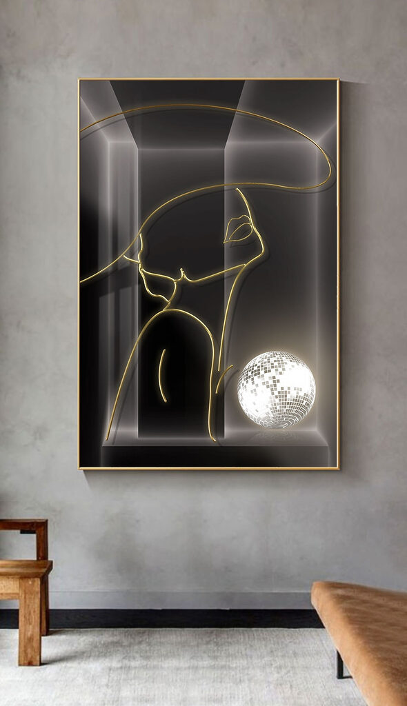 A drawing of a woman with a disco ball A drawing of a woman with a disco ball