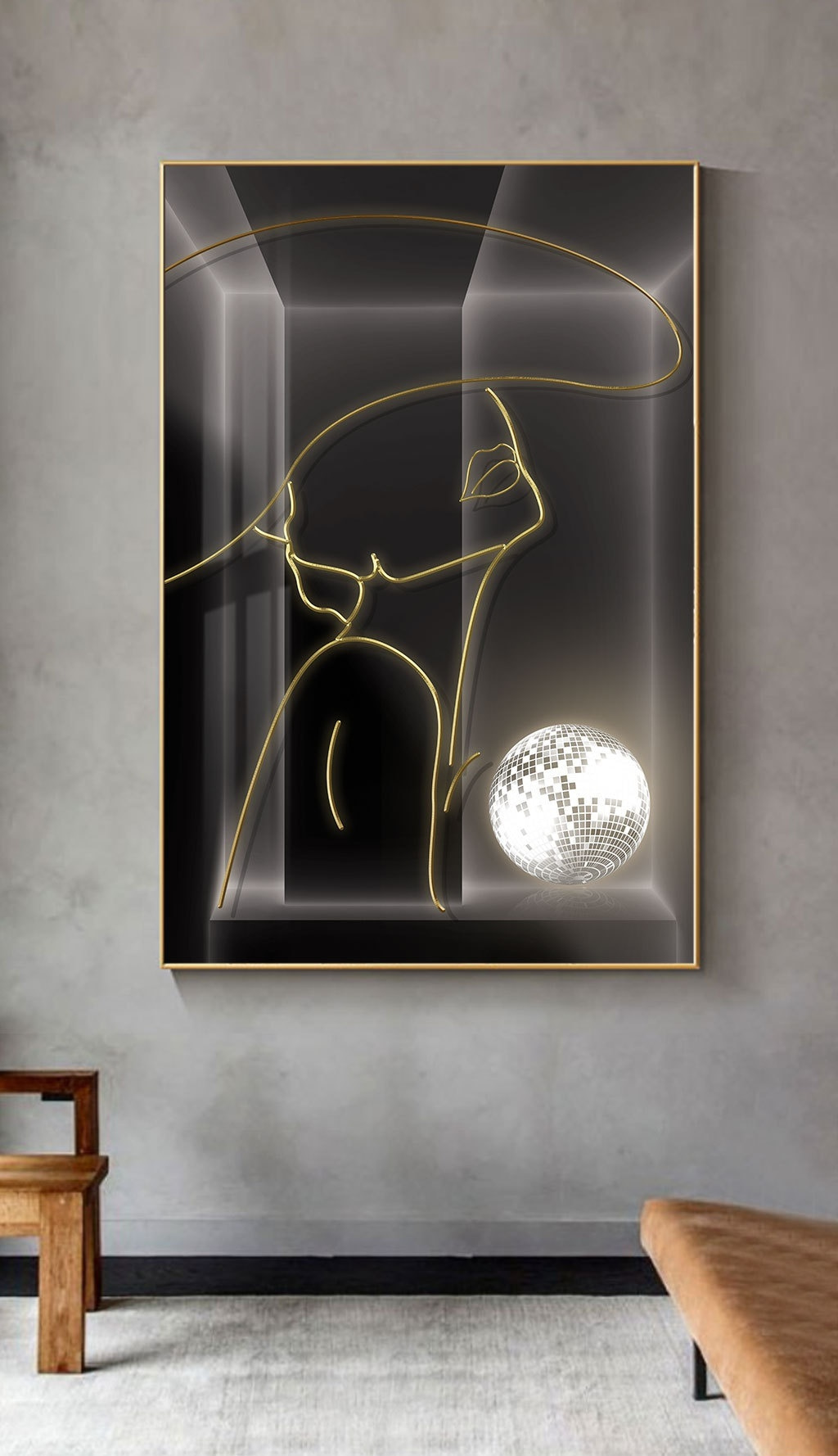 A drawing of a woman with a disco ball A drawing of a woman with a disco ball