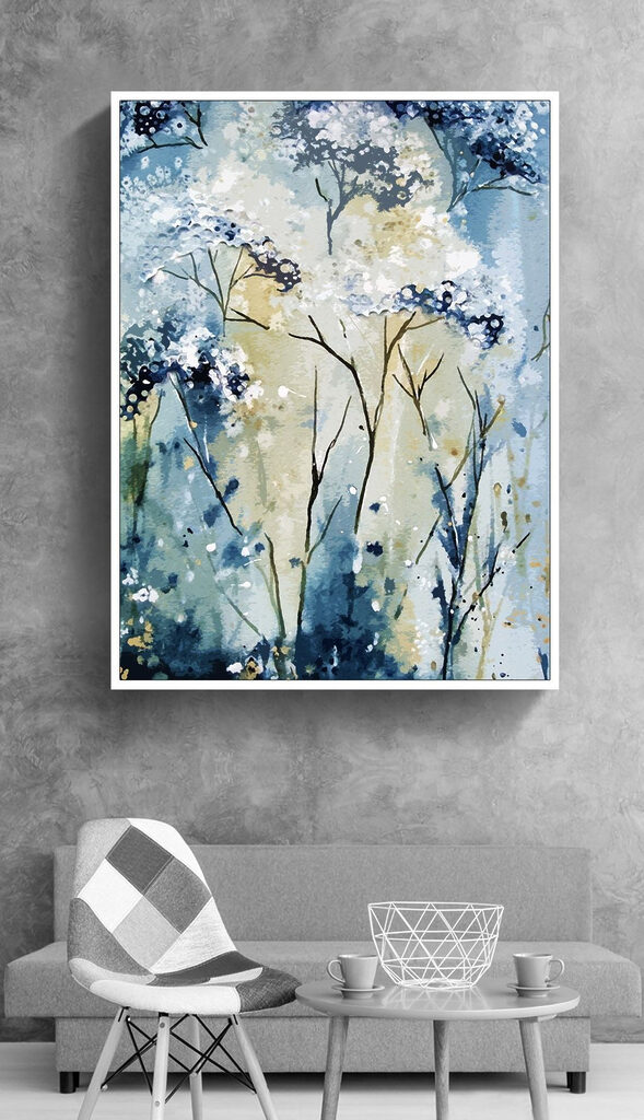A painting of a white and blue plant