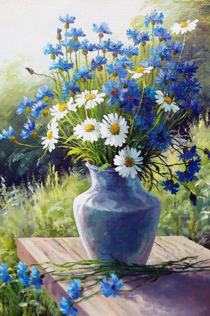 A painting of a vase of flowers