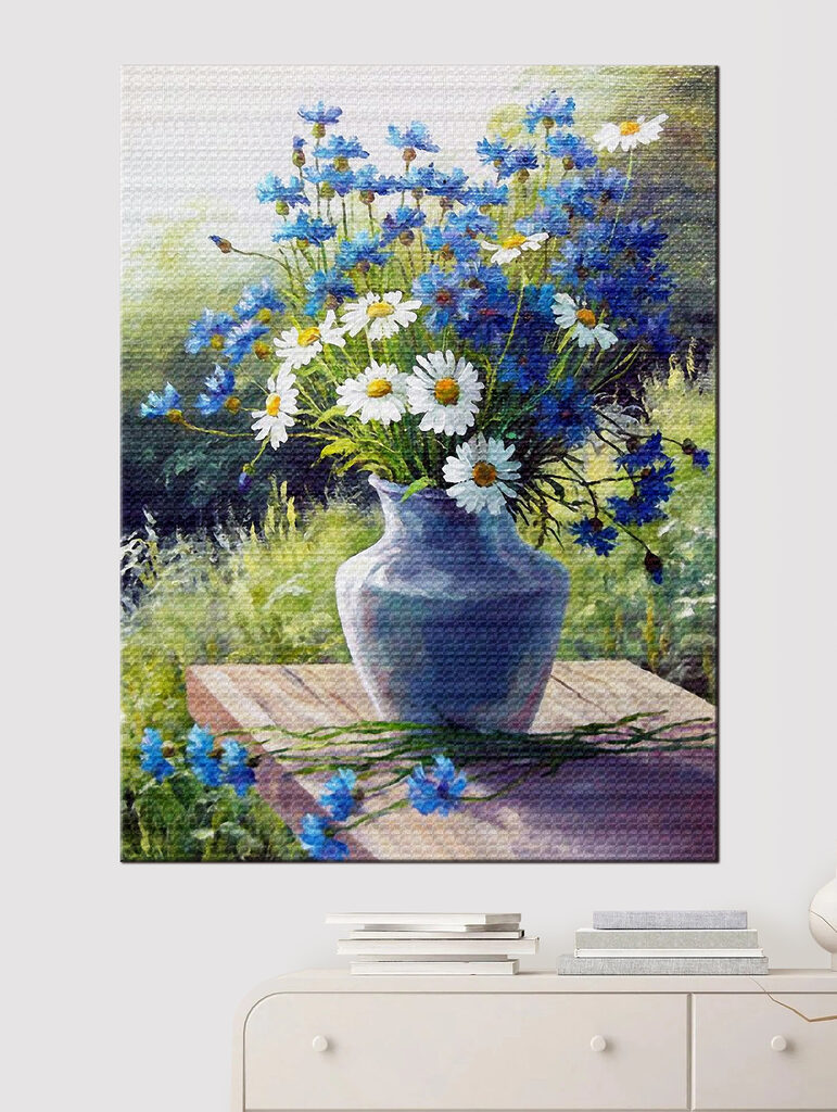 A painting of a vase of flowers