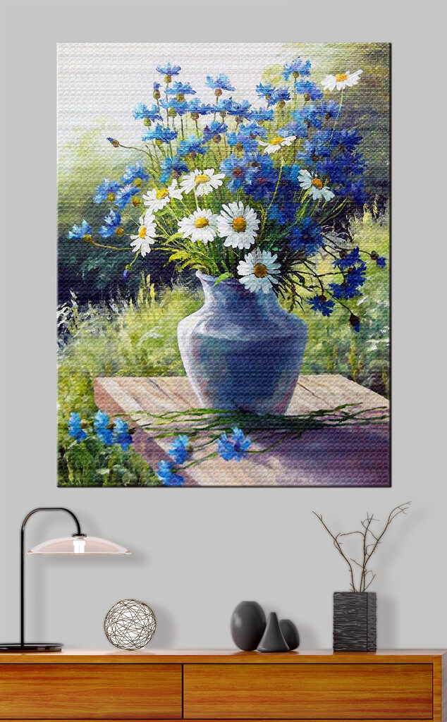 A painting of a vase of flowers