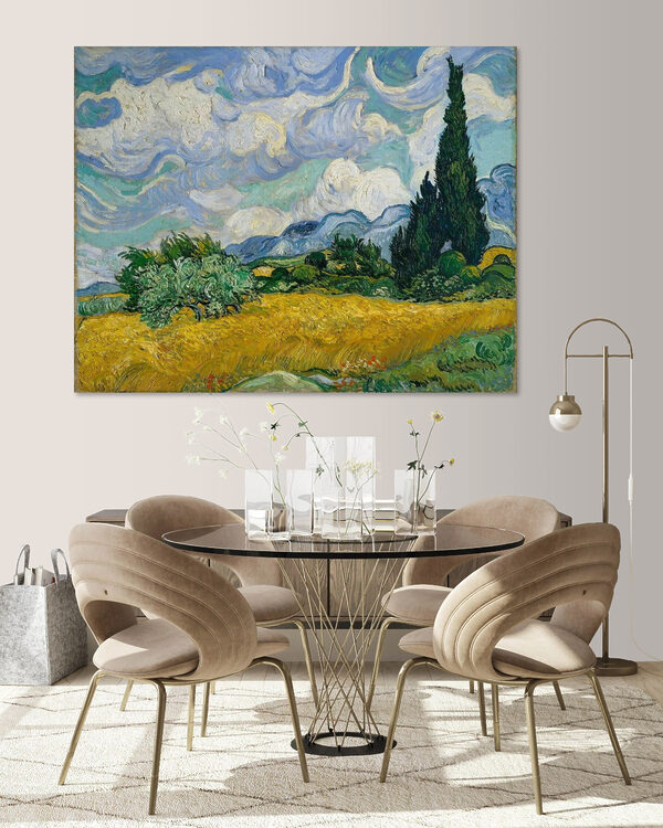 A painting of a landscape with trees and mountains