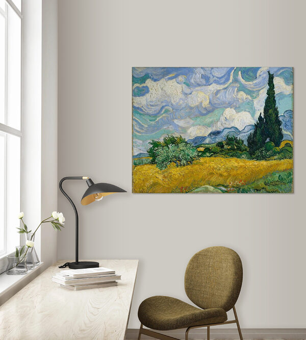 A painting of a landscape with trees and mountains