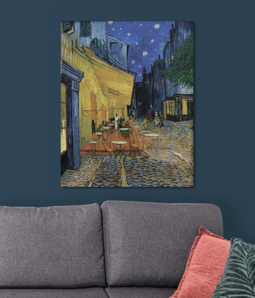 A painting of a street with tables and chairs A painting of a street with tables and chairs
