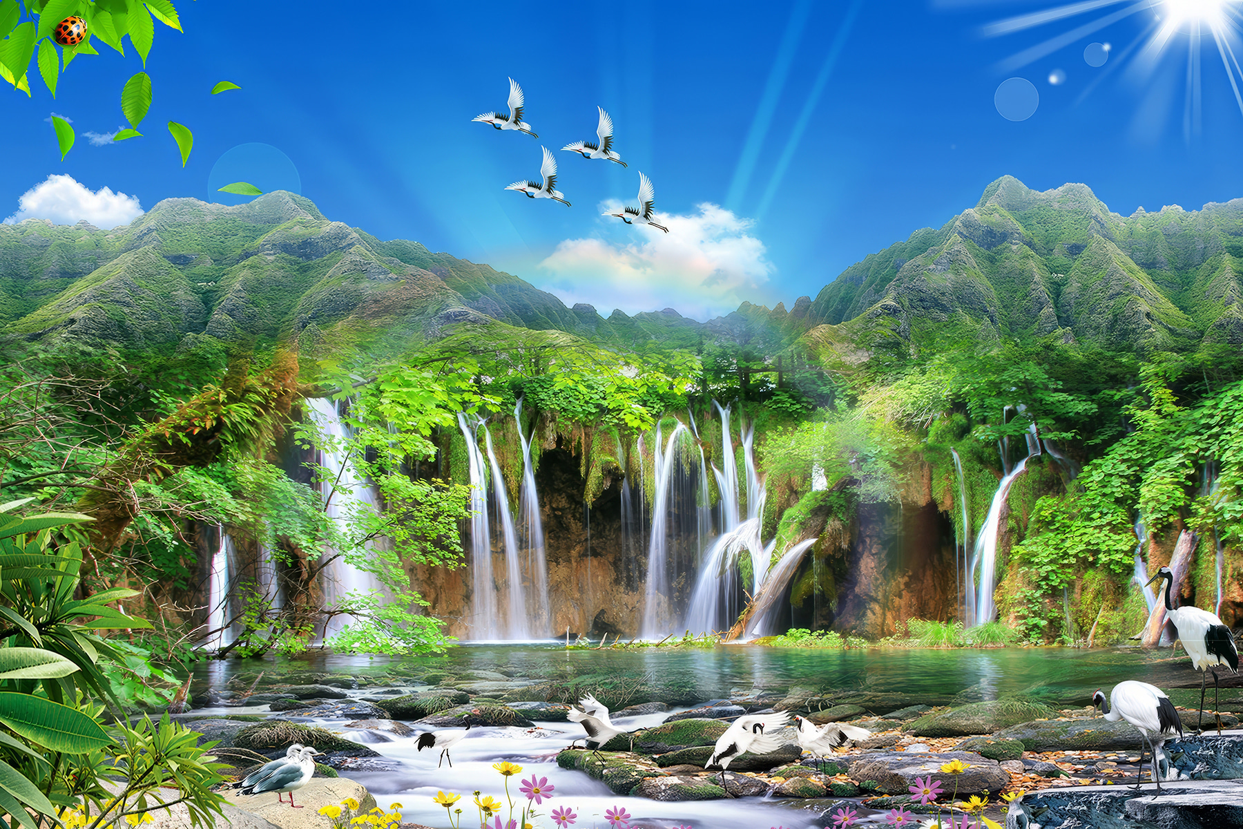 A waterfall with birds flying over it