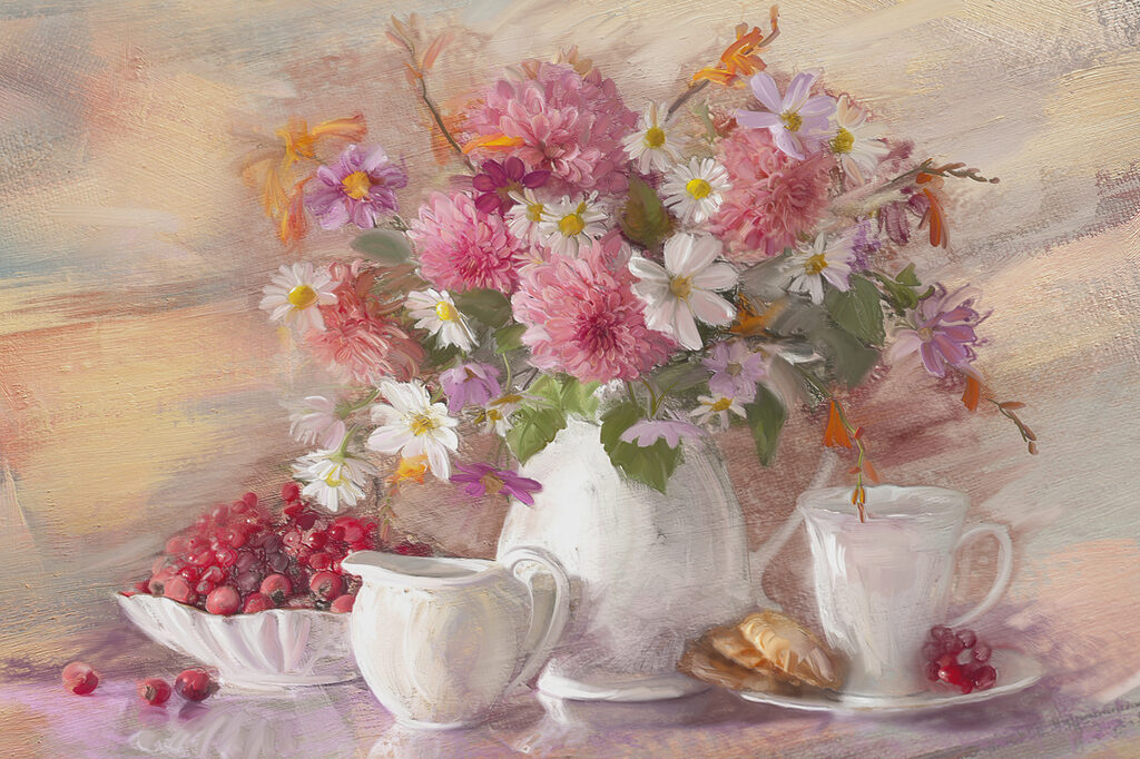 A painting of flowers in a vase and a bowl of food