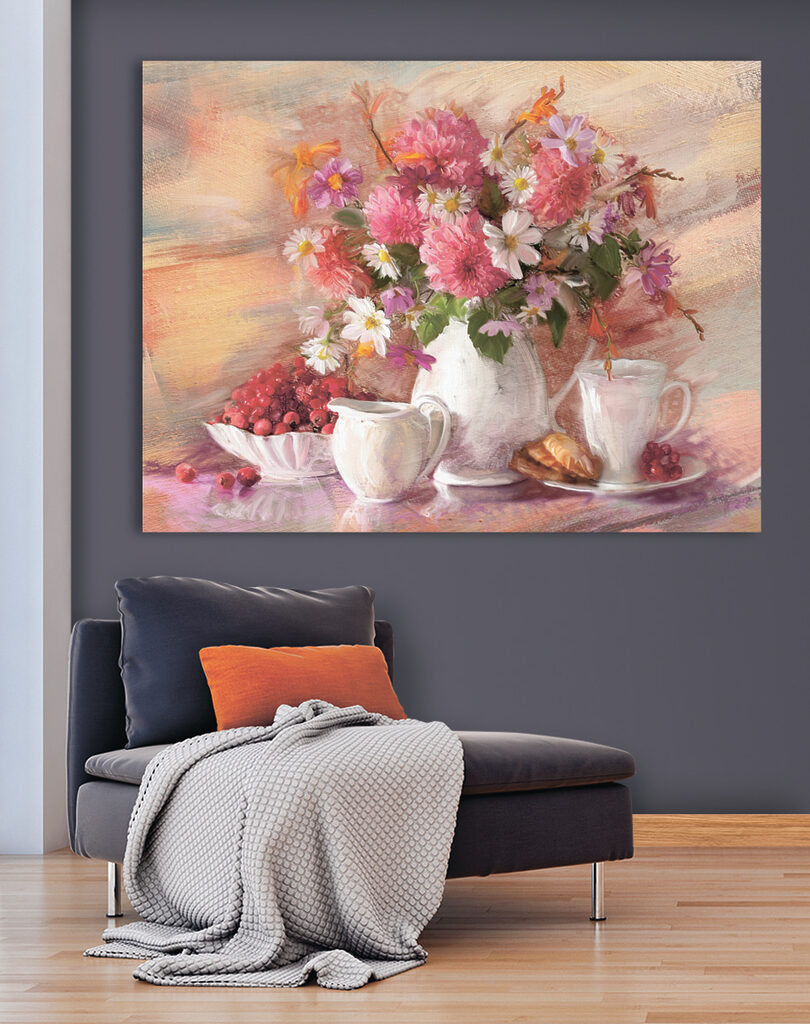 A painting of flowers in a vase and a bowl of food