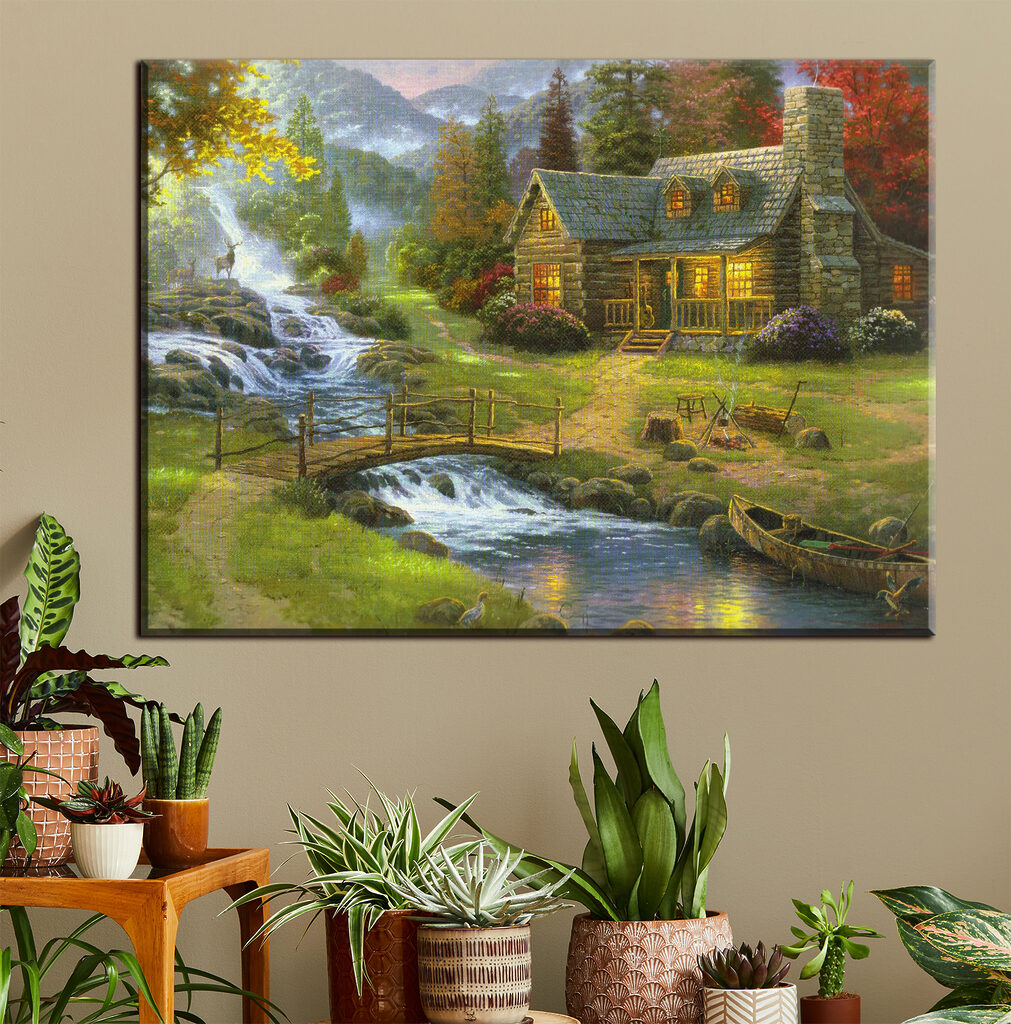 A painting of a log cabin with a bridge over a river A painting of a log cabin with a bridge over a river