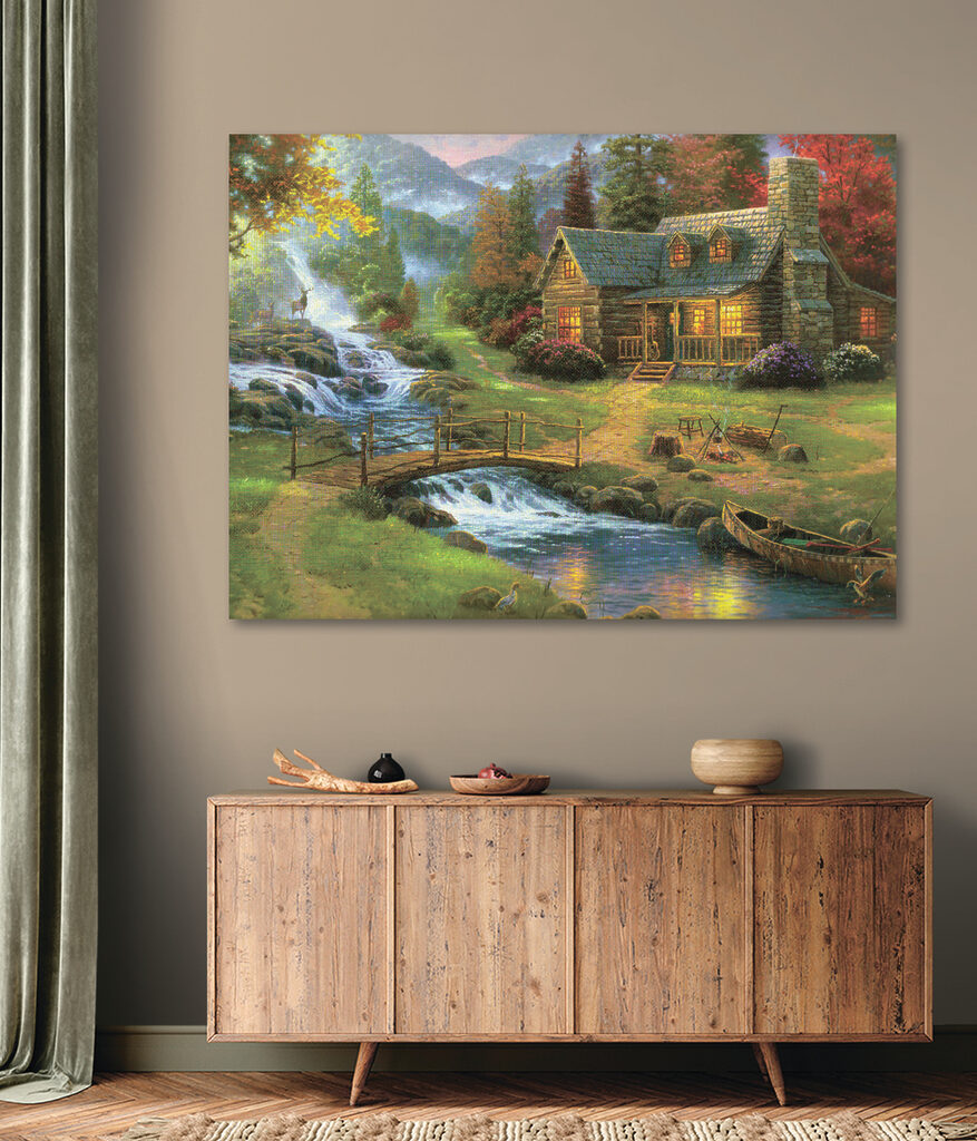 A painting of a log cabin with a bridge over a river A painting of a log cabin with a bridge over a river
