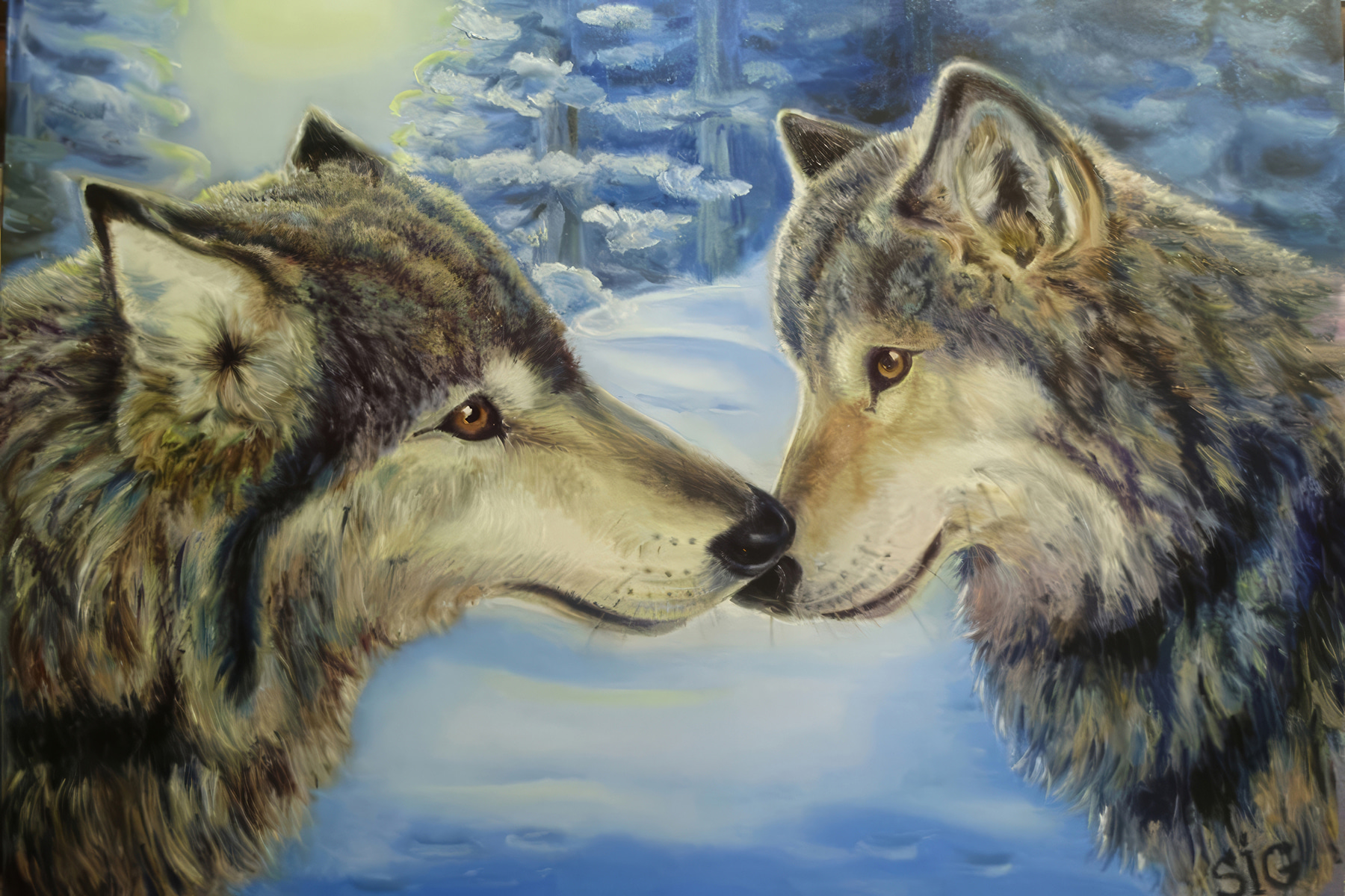 A painting of two wolves kissing
