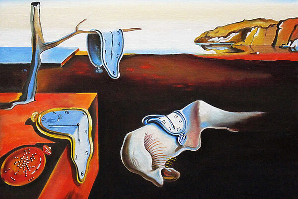 A painting of a cat with a clock on it A painting of a cat with a clock on it