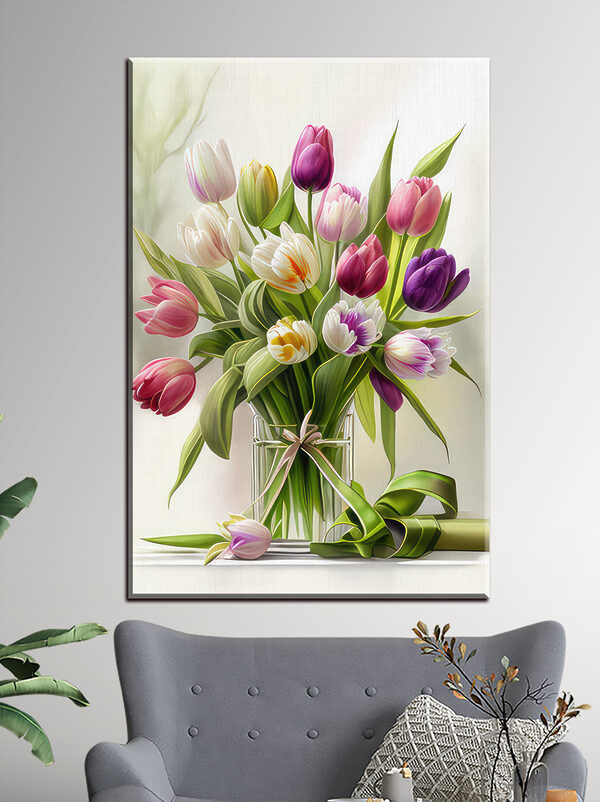 Kytica tulipánov v sklenenej váze Obraz Kytica tulipánov v sklenenej váze