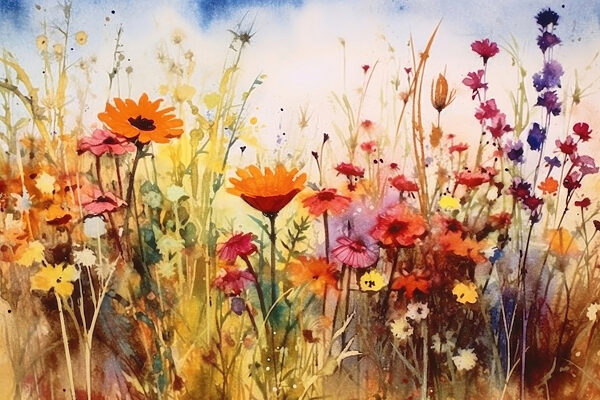 A painting of flowers in a field A painting of flowers in a field