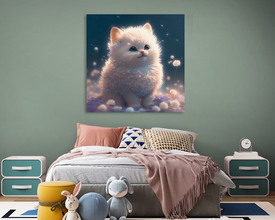 Biela huňatá mačka s modrými očami