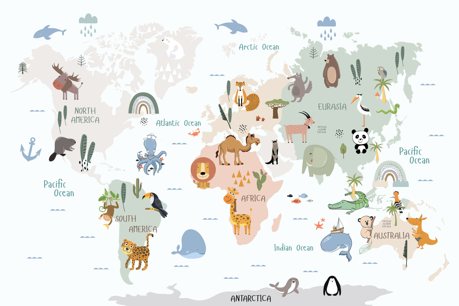 A map of the world with animals A map of the world with animals
