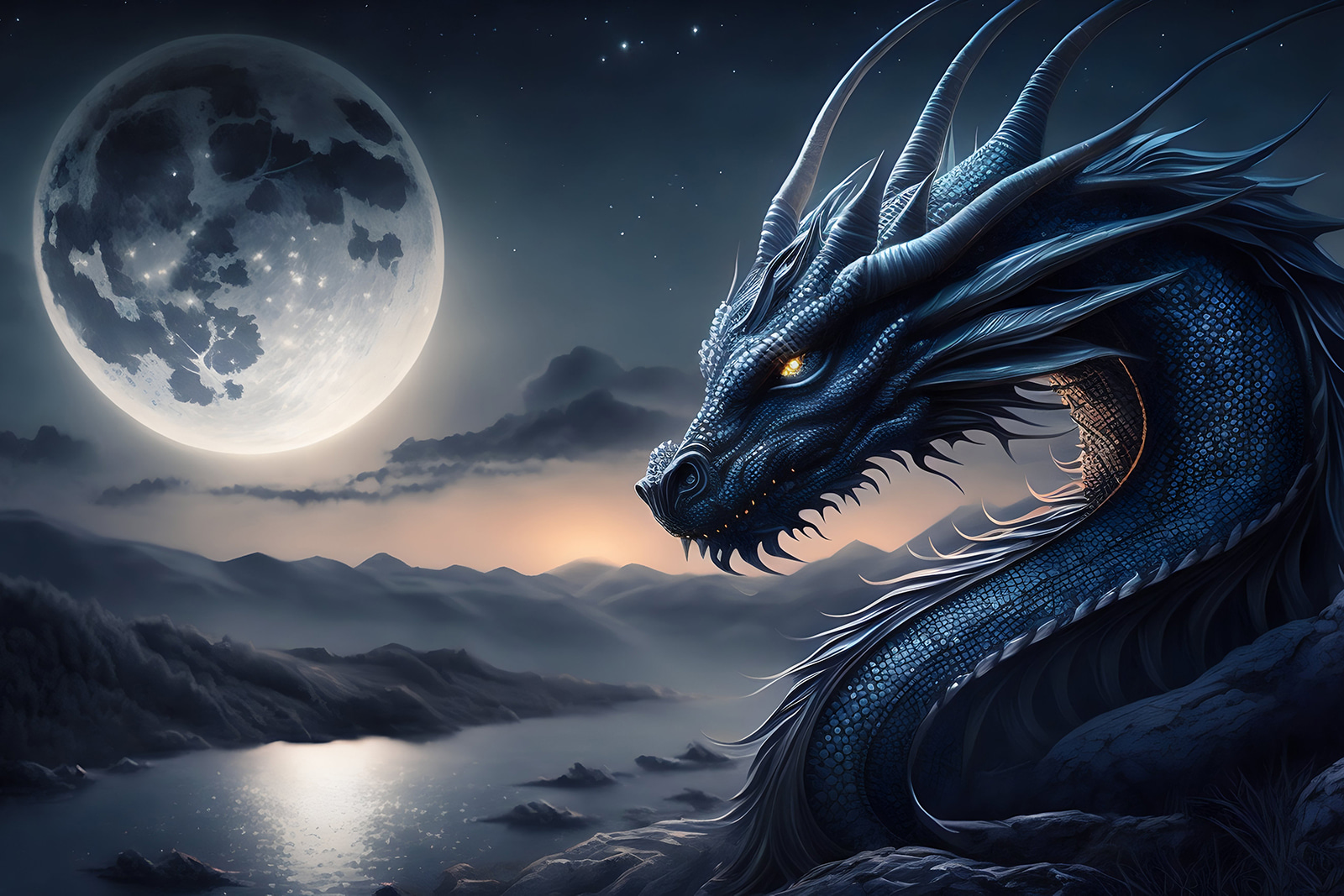 A blue dragon with a moon in the background
