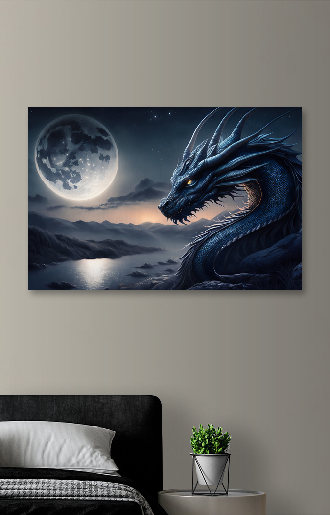 Modrý drak s mesiacom v pozadí