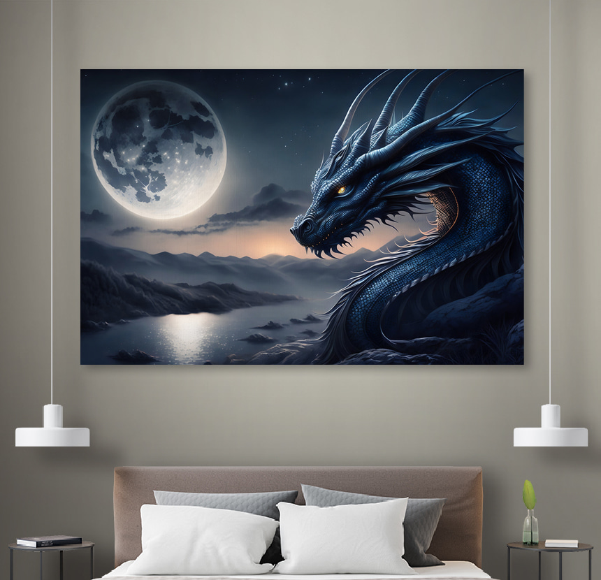 Modrý drak s mesiacom v pozadí