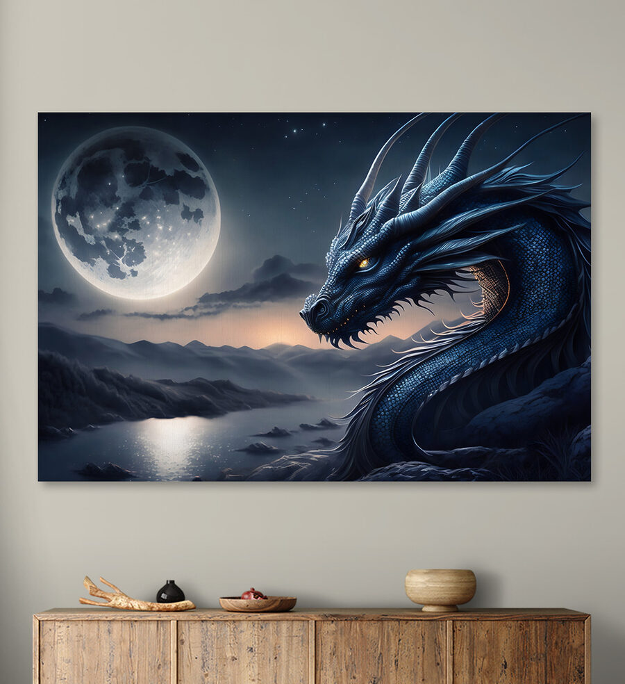Modrý drak s mesiacom v pozadí
