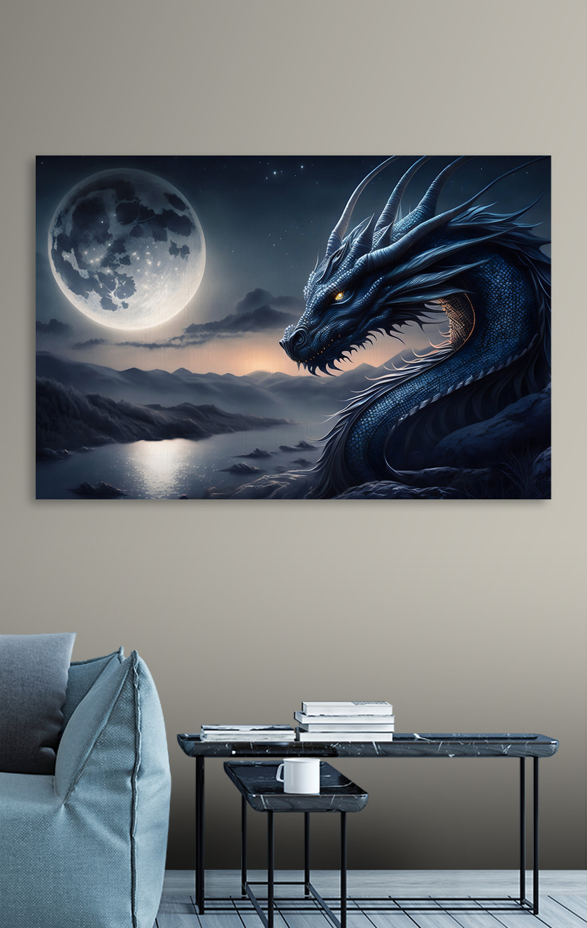 Modrý drak s mesiacom v pozadí