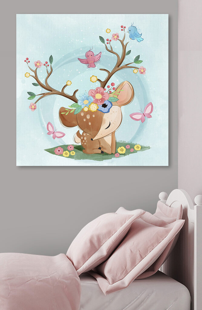 A cartoon deer with flowers and birds A cartoon deer with flowers and birds