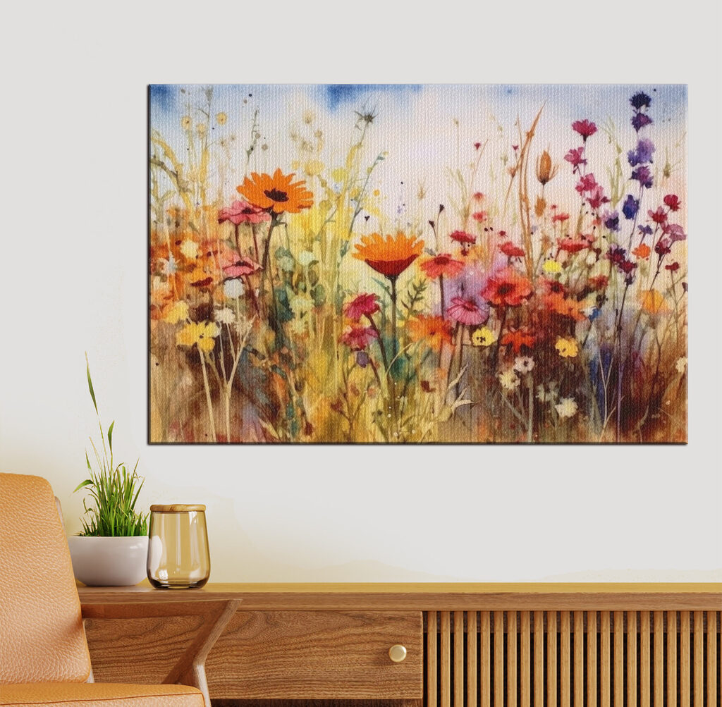 A painting of flowers in a field A painting of flowers in a field