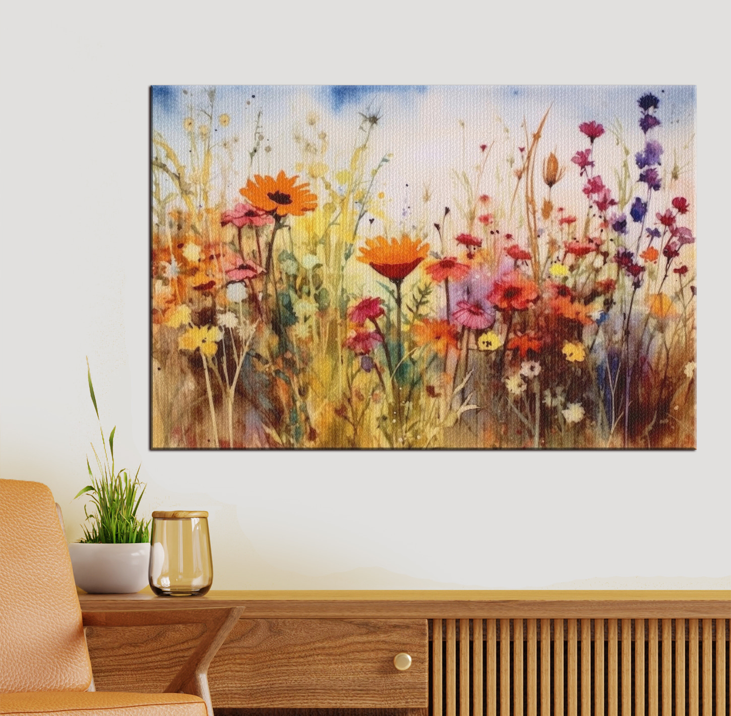 A painting of flowers in a field A painting of flowers in a field