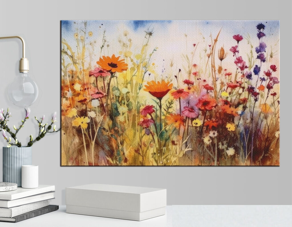 A painting of flowers in a field A painting of flowers in a field