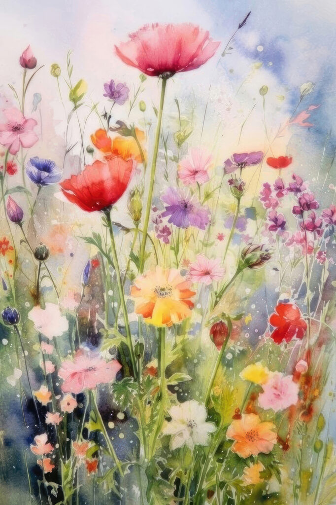 A painting of flowers in a field