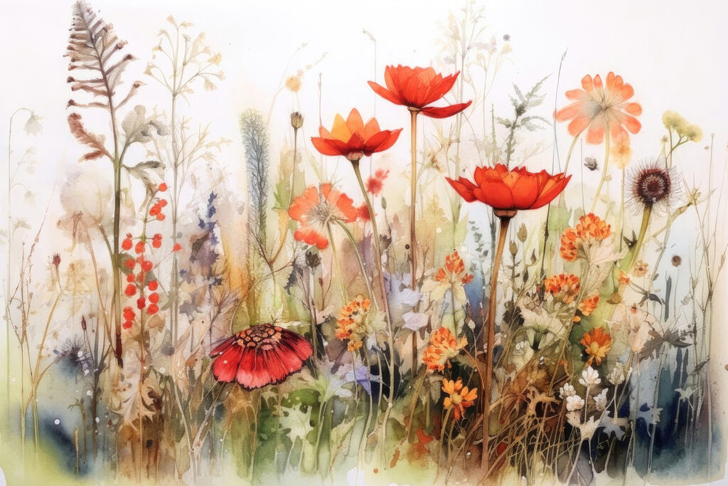 A painting of flowers and plants A painting of flowers and plants