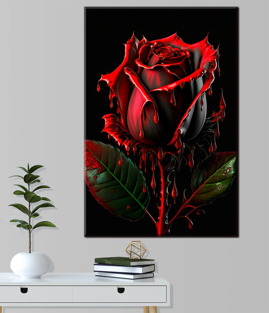 A red rose with green leaves and dripping red paint A red rose with green leaves and dripping red paint