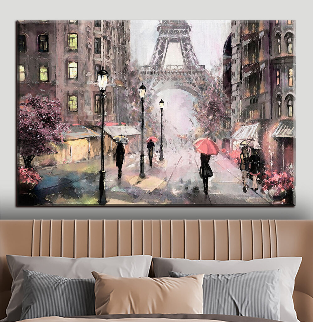 A painting of people walking with umbrellas in a city