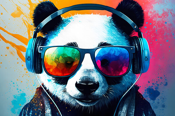 Panda so slúchadlami a slnečnými okuliarmi Panda so slúchadlami a slnečnými okuliarmi
